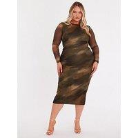 Quiz Curve Khaki Printed Long Sleeve Midaxi Dress