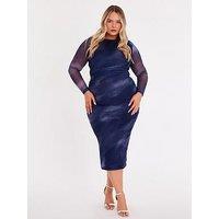 Quiz Curve Blue Printed Long Sleeve Midaxi Dress