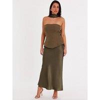 Quiz Olive Strapless Satin Skirt Midaxi Dress