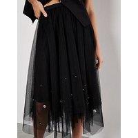Apricot Pearls Hem Tulle Midi Skirt