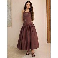 Michelle Keegan Embellished Halter Midaxi Dress - Brown