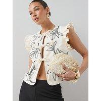 The Very Collection Embroidered Frill Detail Tie Front Blouse - Cream