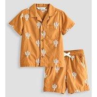 The Very Collection Boys Cactus Embroidered Double Cloth Shirt And Shorts Outfit Set - Orange