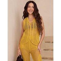 Michelle Keegan Crochet Longline Waistcoat - Yellow