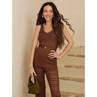 Michelle Keegan Belted Metallic Knit Co Ord Vest Top - Brown