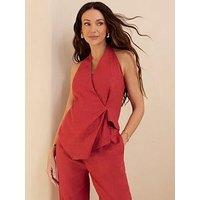 Michelle Keegan Asymmetric Linen Blend Halter Co-Ord Waistcoat - Red