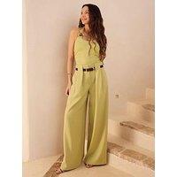 Michelle Keegan Belted Wide Leg Trouser - Light Khaki