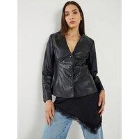River Island Fitted V Neck Faux Leather Long Sleeve Top - Black