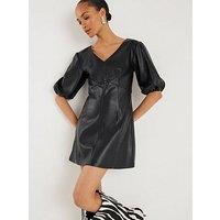 River Island Puff Sleeve Faux Leather Shift Dress - Black