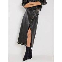 River Island Distressed Faux Leather Wrap Midi Skirt - Black