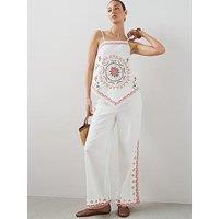 The Very Collection Button Detail Embroidered Wide Leg Trousers - White