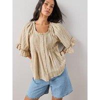 The Very Collection Metallic Stripe Pintuck Frill Sleeve Blouse - Beige