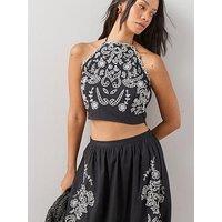 The Very Collection Beaded Strap Detail Embroidered Cami Co-Ord - Black