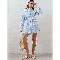 The Very Collection Contrast Broderie Belted Long Sleeve Shirt Dress - Blue