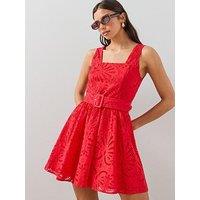 The Very Collection Broderie Belted Square Neck Mini Dress - Red