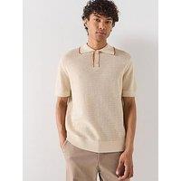 Selected Short Sleeve Knit Open Structure Polo Shirt - Beige