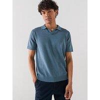 Selected Mattis Linen Blend Open Collar Polo Shirt - Blue