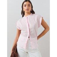 The Very Collection Short Sleeve Mandarin Collar Blouse With Ruffle Trim - Pink