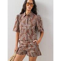 The Very Collection Leaf Embroidered Puff Sleeve Co-Ord Shirt - Brown