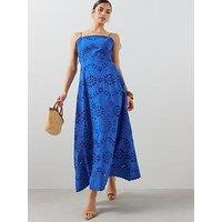 The Very Collection Broderie Scalloped Strappy Midi Dress - Blue