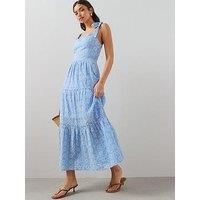 The Very Collection Tie Shoulder Contrast Broderie Tiered Midaxi Dress - Blue