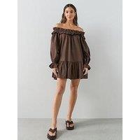 The Very Collection Bardot Frill Long Sleeve Mini Dress - Brown