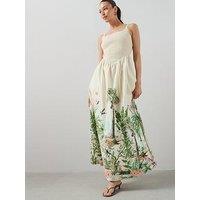 The Very Collection Shirred Bodice Scenic Border Print Midaxi Dress - Cream