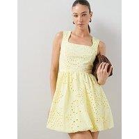 The Very Collection Broderie Square Neck Puffball Mini Dress - Yellow
