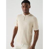Jack & Jones Emil Zip Through Short Sleeve Knitted Polo Top - Oatmeal