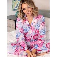 Cyberjammies Chloe Pink Heart Print Jersey Long Sleeve Wide Leg Pyjama Set - Pink