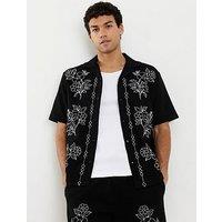 River Island Short Sleeve Floral Border Embroidered Shirt - Black