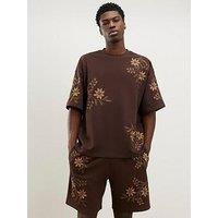 River Island Short Sleeve Tonal Floral T-Shirt - Brown