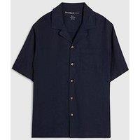 River Island Linen Blend Revere Short Sleeve Shirt - Navy