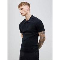 River Island Short Sleeve Ribbed Muscle Fit Polo Shirt - Black
