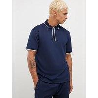River Island Slim Racking Zip Polo Shirt - Navy