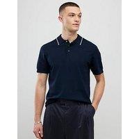 River Island Short Sleeve Engineered Knitted Polo Shirt - Navy