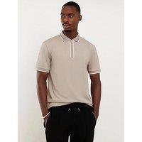River Island Short Sleeve Slim Zip Polo Shirt - Beige
