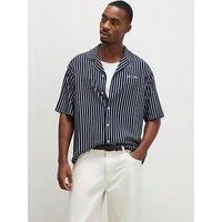 River Island Short Sleeve Reg Textured Stripe Shirt - Navy