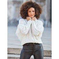 Sosandar Fringe Detail Roll Neck Cable Jumper - Cream