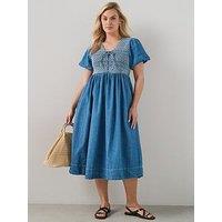 The Very Collection Curve Stitch Detail Short Sleeve Denim Dress - Mid Wash
