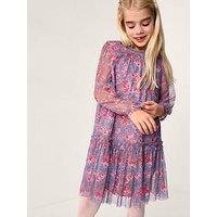 Monsoon Girls Long Sleeve Floral Mesh Dress - Purple