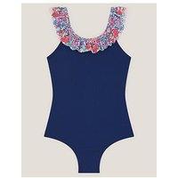 Monsoon Girls Solid Colour Ditsy Trim Swimsuit - Blue
