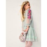 Monsoon Girls Peony Embroidered Tulle Long Sleeve Dress - Light Green
