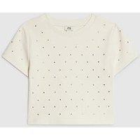 River Island Older Girls Studded Diamante T-Shirt - Cream