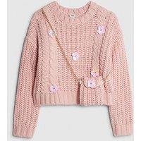 River Island Older Girls Knitted Flower Jumper With Bag - Pink