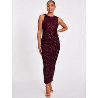 Quiz Petite Berry Sequin Ruched Midaxi Dress