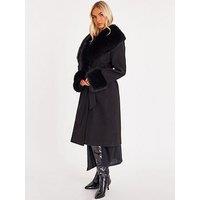 Quiz Black Faux Fur Trim Coat