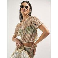 River Island Short Sleeve Crochet Gem Embellished Tee - Cream