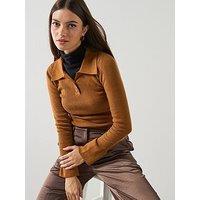 Mango Polo-Neck Ribbed Sweater- Tabaco