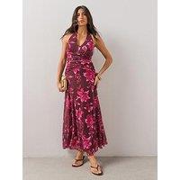 The Very Collection Ruched Mesh Halter Maxi Dress - Pink